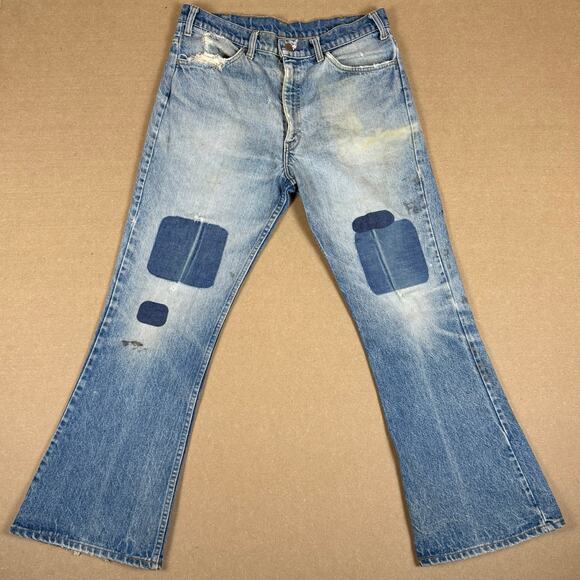Vintage 70s Levi’s Bell Bottom Jeans Talon Orange Tab Patched Distressed 34x29 - Picture 1 of 10